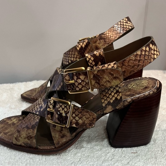 Vince Camuto Shoes - Vince Camuto Brown Snake-Print Buckle Block Heel Sandals